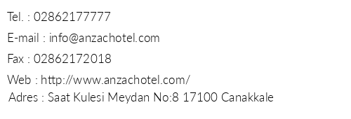 Anzac Hotel telefon numaralar, faks, e-mail, posta adresi ve iletiim bilgileri